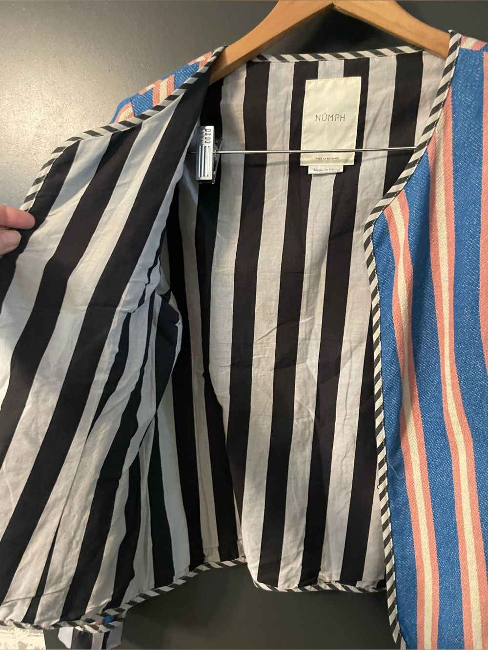 NÜMPH Blue Pink Striped Cotton Open Front Jacket Blazer UK 12 Boho coastal - Picture 8 of 10